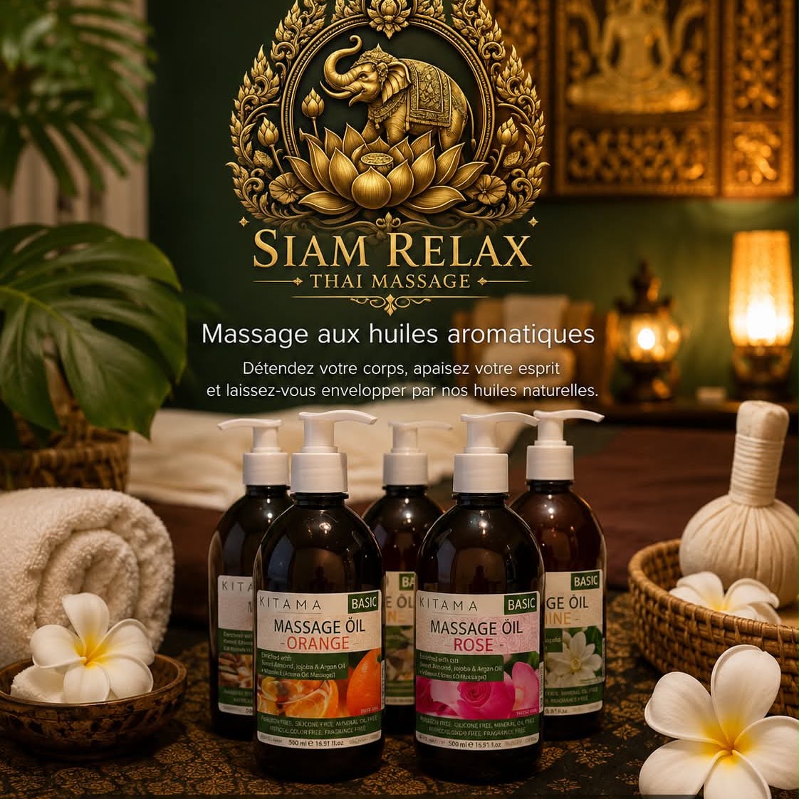 Huiles de massage aromatiques et fleurs de frangipanier